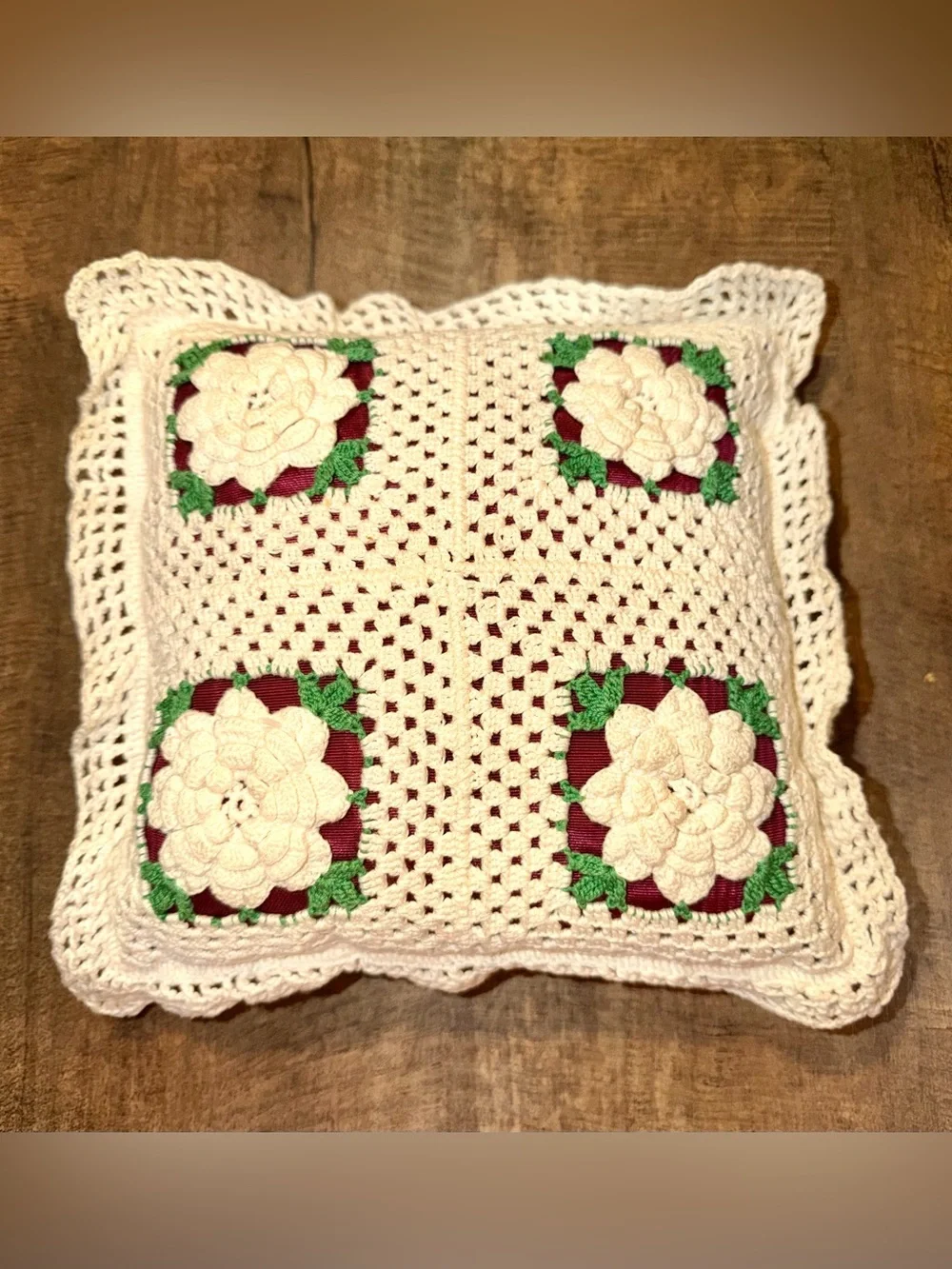 Handmade Crochet Cream Floral Pillow with Burgundy Accents